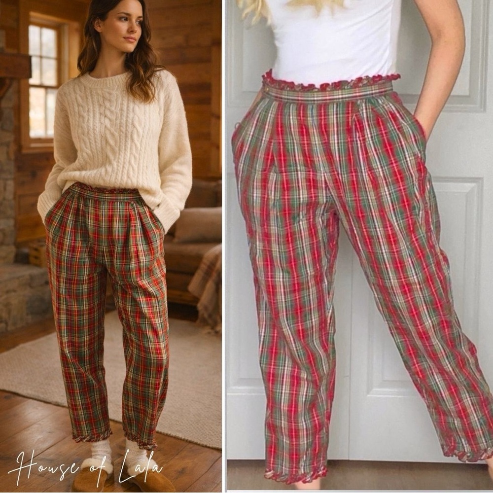 High waisted plaid flood pants. Fun play trousers barrel leg. Ruffle detail.